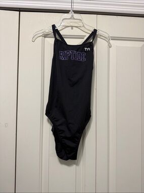 TYR Black One-Piece Swimsuit with Purple "RIPTIDE" Logo